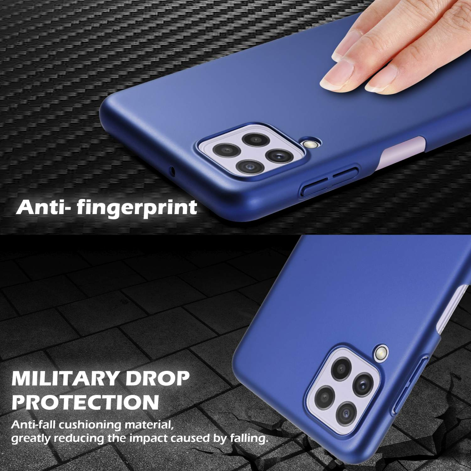 Blaue Handyhülle, Nahaufnahme mit Text zu Anti-Fingerabdruck und Fallschutz.