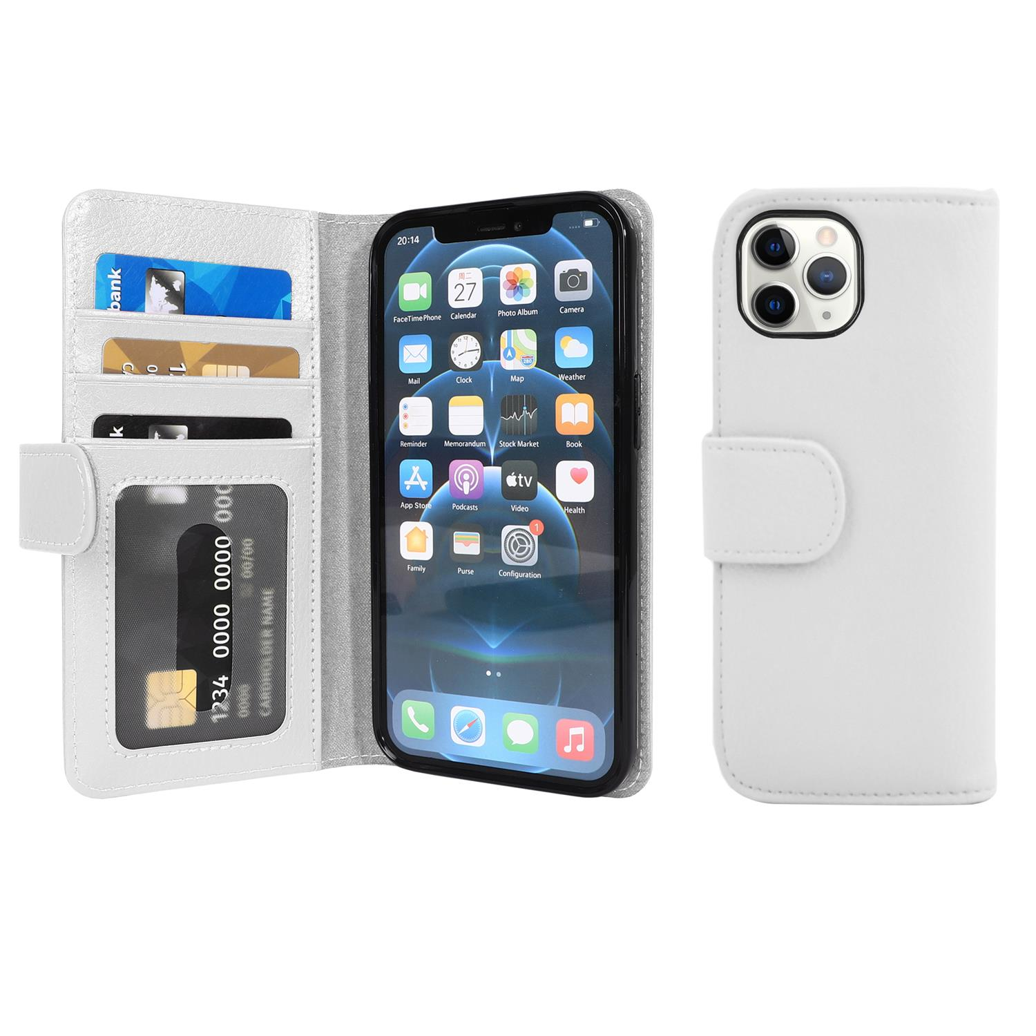 Eine weiße Handyhülle mit Geldbörsen-Design, geöffnet, um ein Telefon mit Karten und einem weißen Hintergrund zu zeigen.