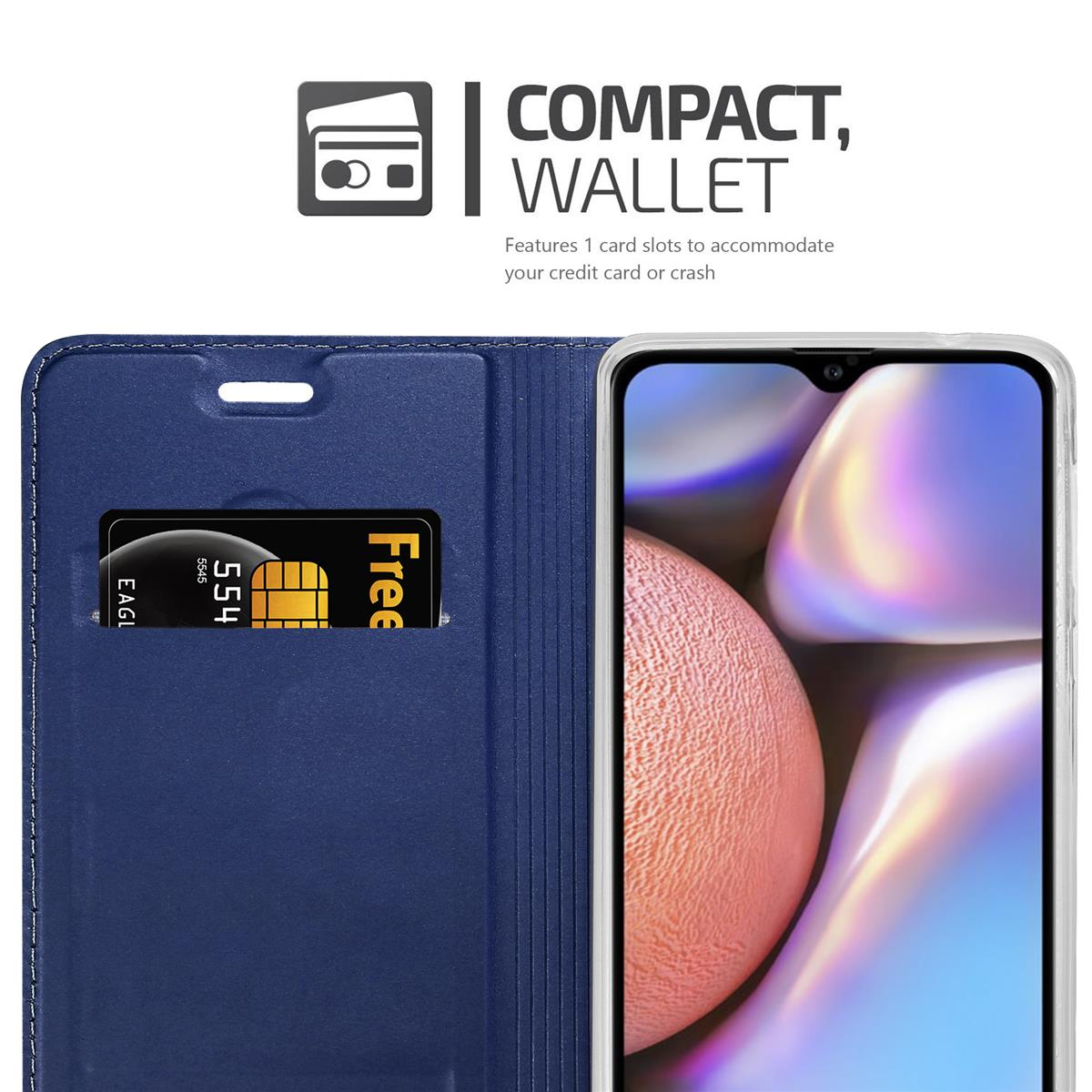 Telefon mit Karte in blauem Wallet Case. Text: Kompakte Geldbörse, Free Karte.