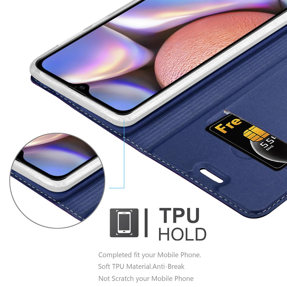 Blaue Handyhülle offen mit Telefon. Karte im Fach. TPU-Haltetext und Details.