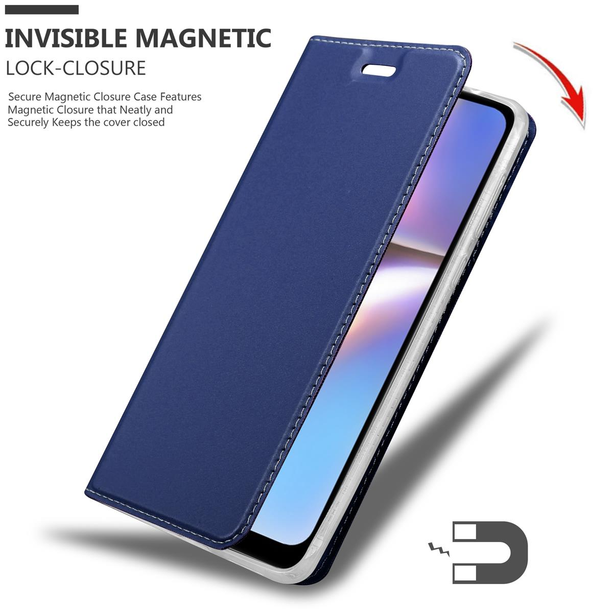 Eine blaue Handyhülle, offen, mit einem Telefon im Inneren. Die Hülle hat einen unsichtbaren Magnetverschluss.