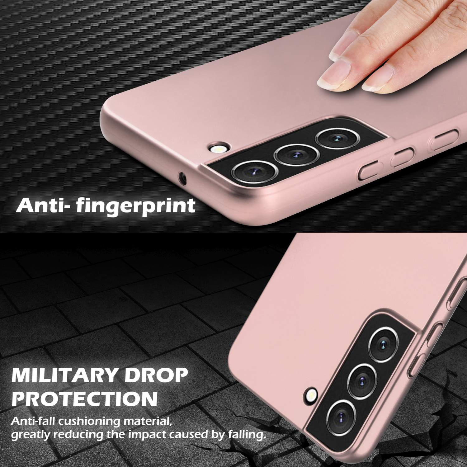 Nahaufnahme einer pinken Handyhülle mit Anti-Fingerabdruck- und militärischem Fallschutz.