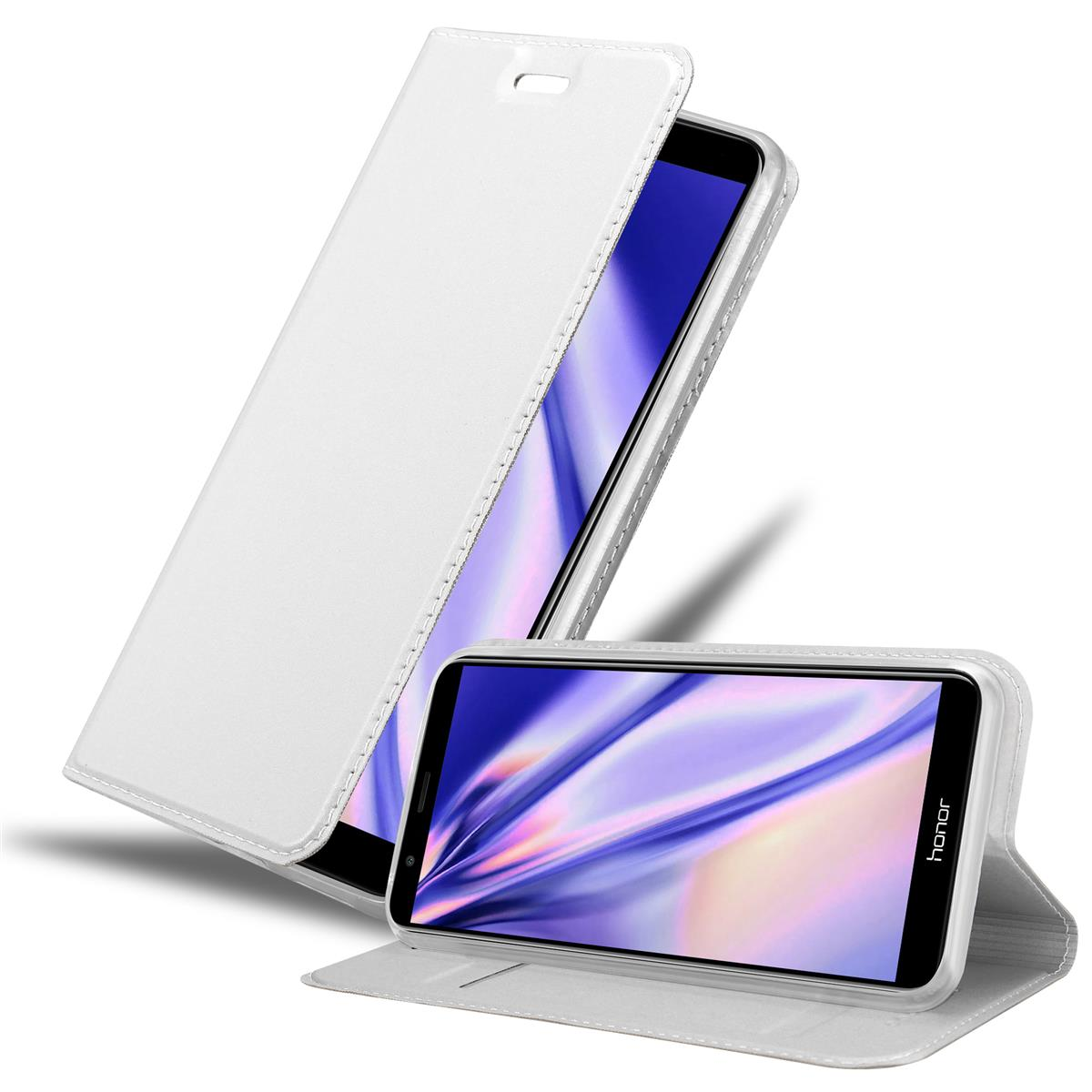 Weiße Handyhülle, offen, zeigt ein Telefon. Beide zeigen den Bildschirm.