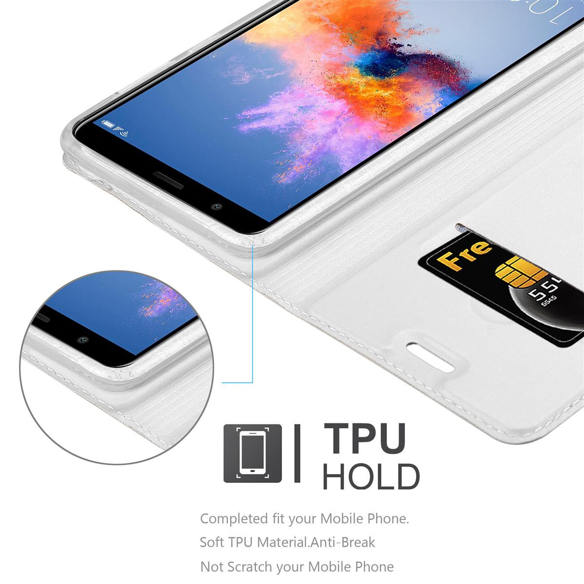 Weiße Handyhülle mit Karte. Ein Telefon ist im Gehäuse. Weißer Hintergrund.