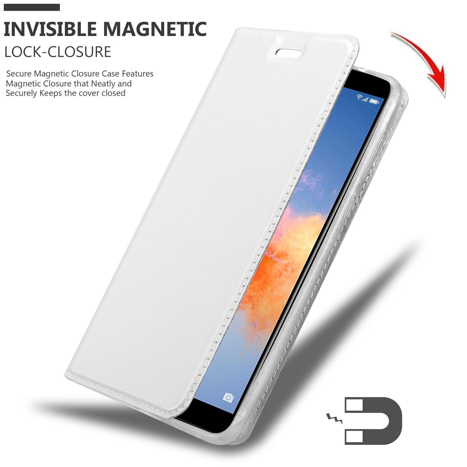 Weiße Handyhülle mit offenem Telefon. Text: Unsichtbarer Magnetverschluss.