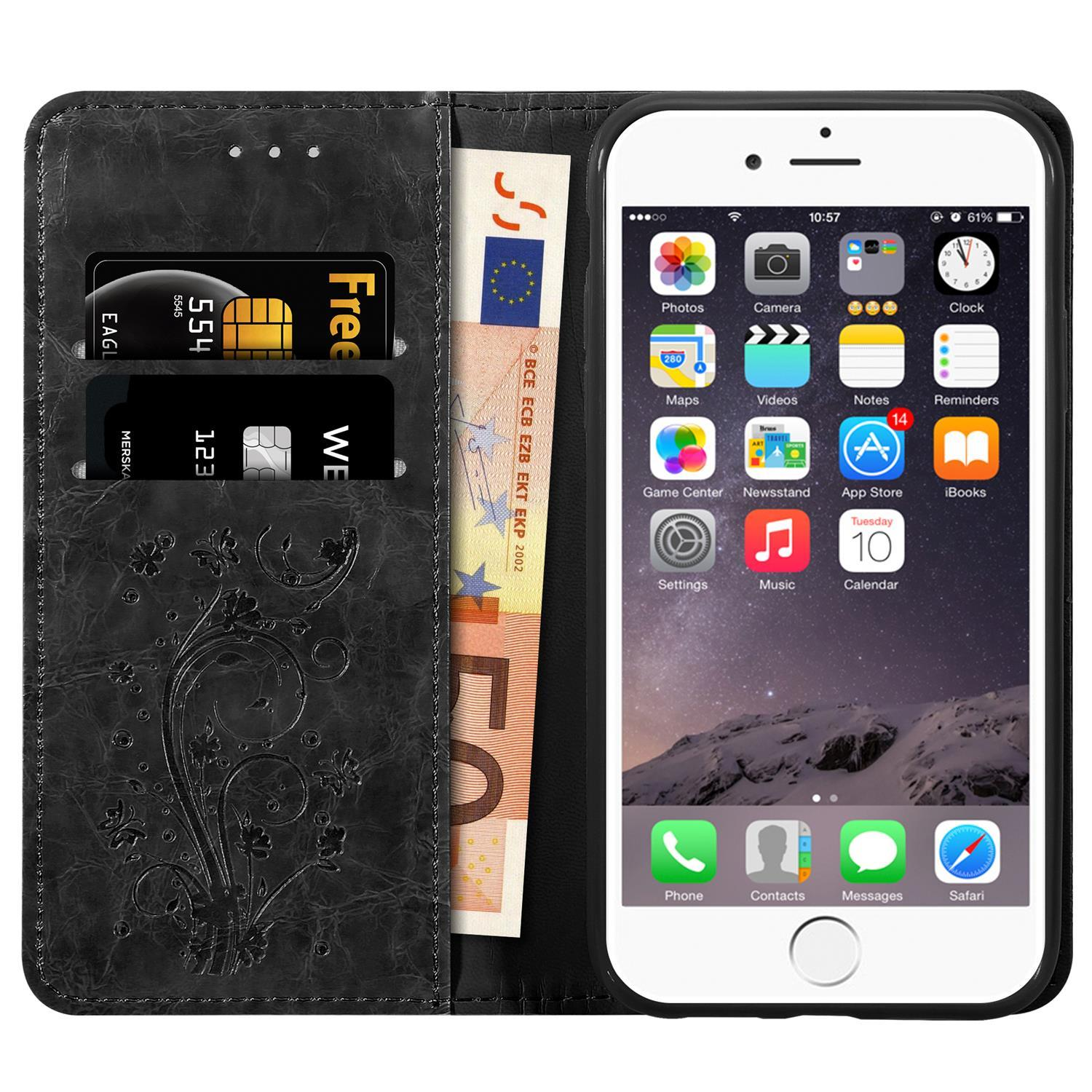 Offene schwarze Handyhülle mit Telefon, Karten und Geld sichtbar.