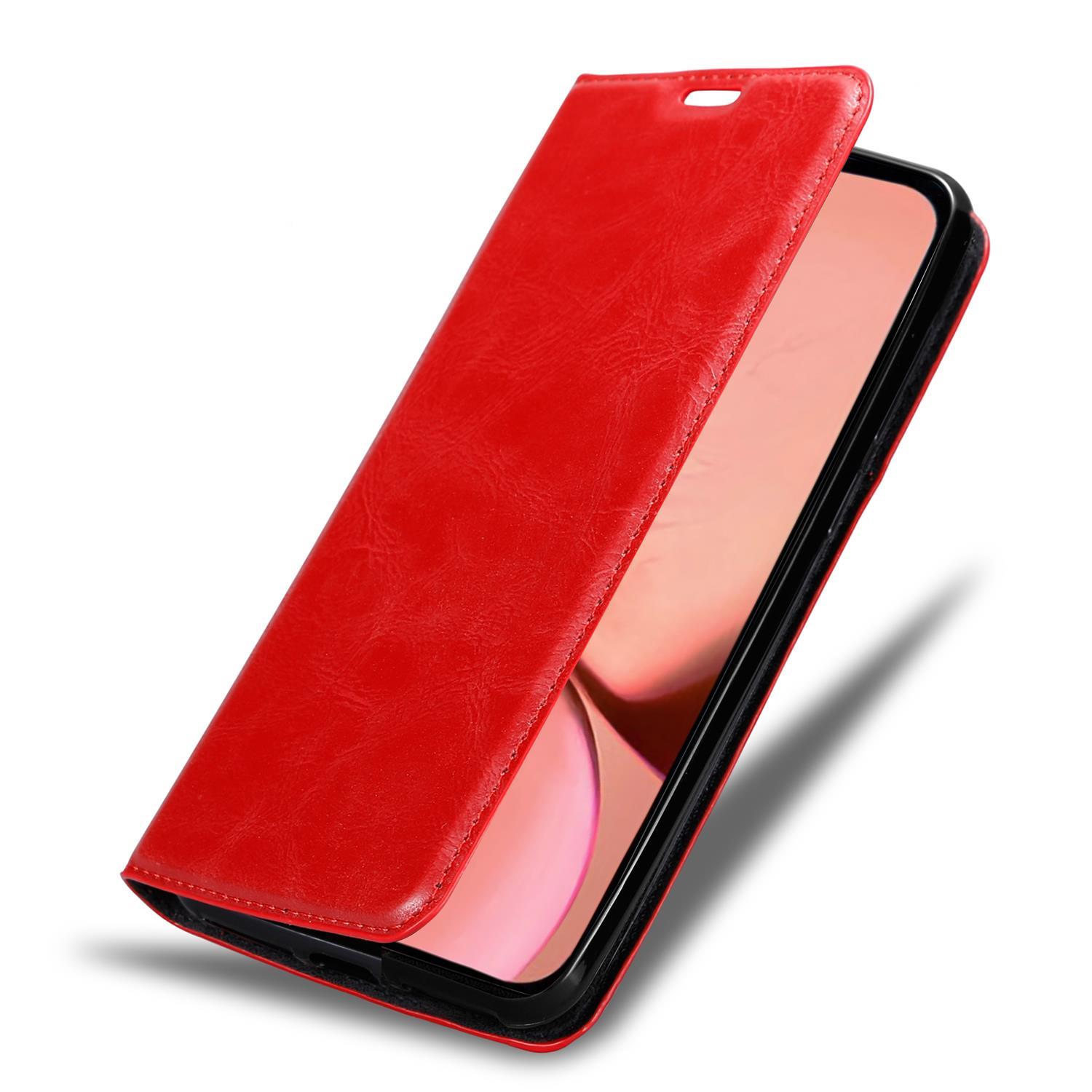 Eine rote Handyhülle, offen, zeigt einen Telefonbildschirm. Das Telefon ist schwarz.
