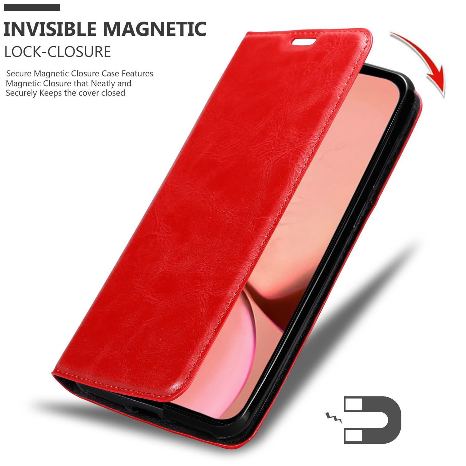 Rote Handyhülle mit Magnetverschluss, offen, zeigt einen Telefonbildschirm. Ein Magnet-Symbol ist sichtbar.