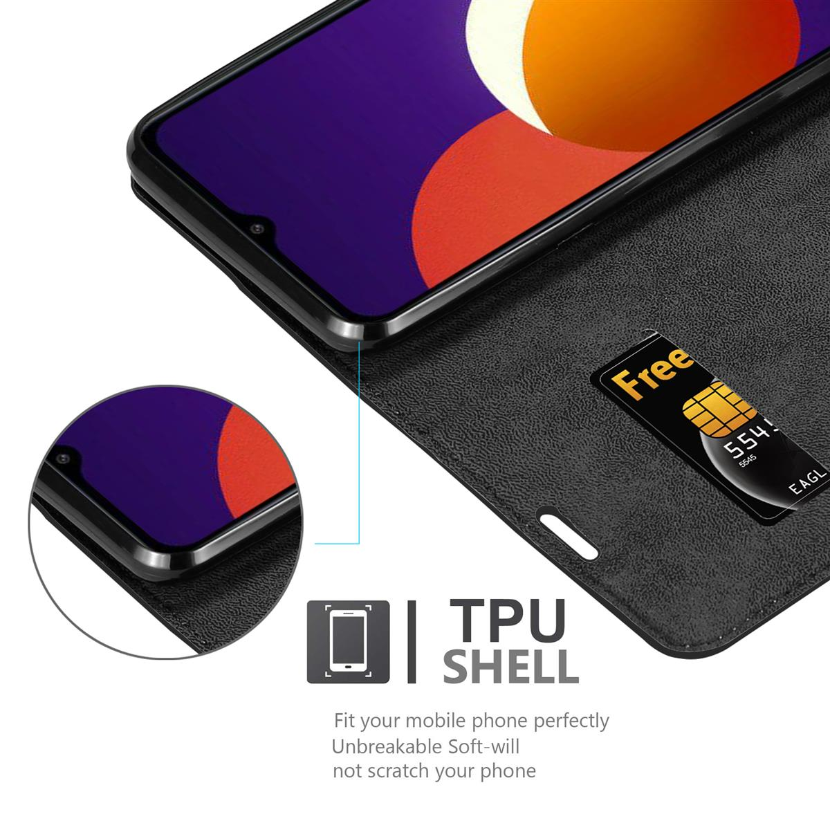 Ein Telefon in einer schwarzen Brieftaschenhülle mit einer kostenlosen Karte. Text: TPU SHELL.
