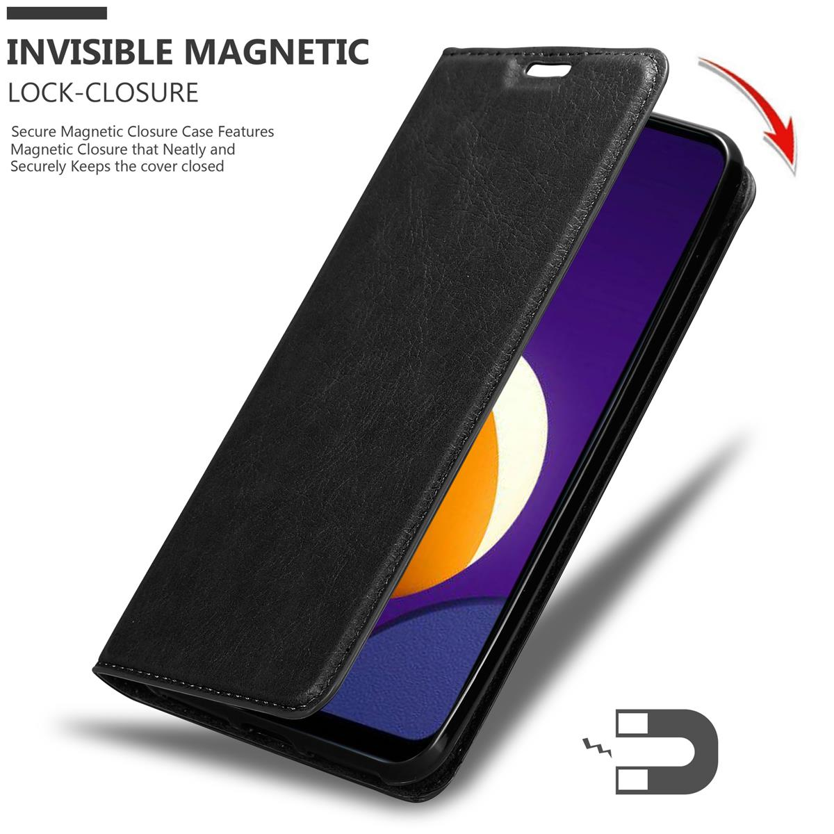 Schwarze Handyhülle mit Magnetverschluss, offen und zeigt ein Telefon im Inneren. Ein Magnet-Symbol.