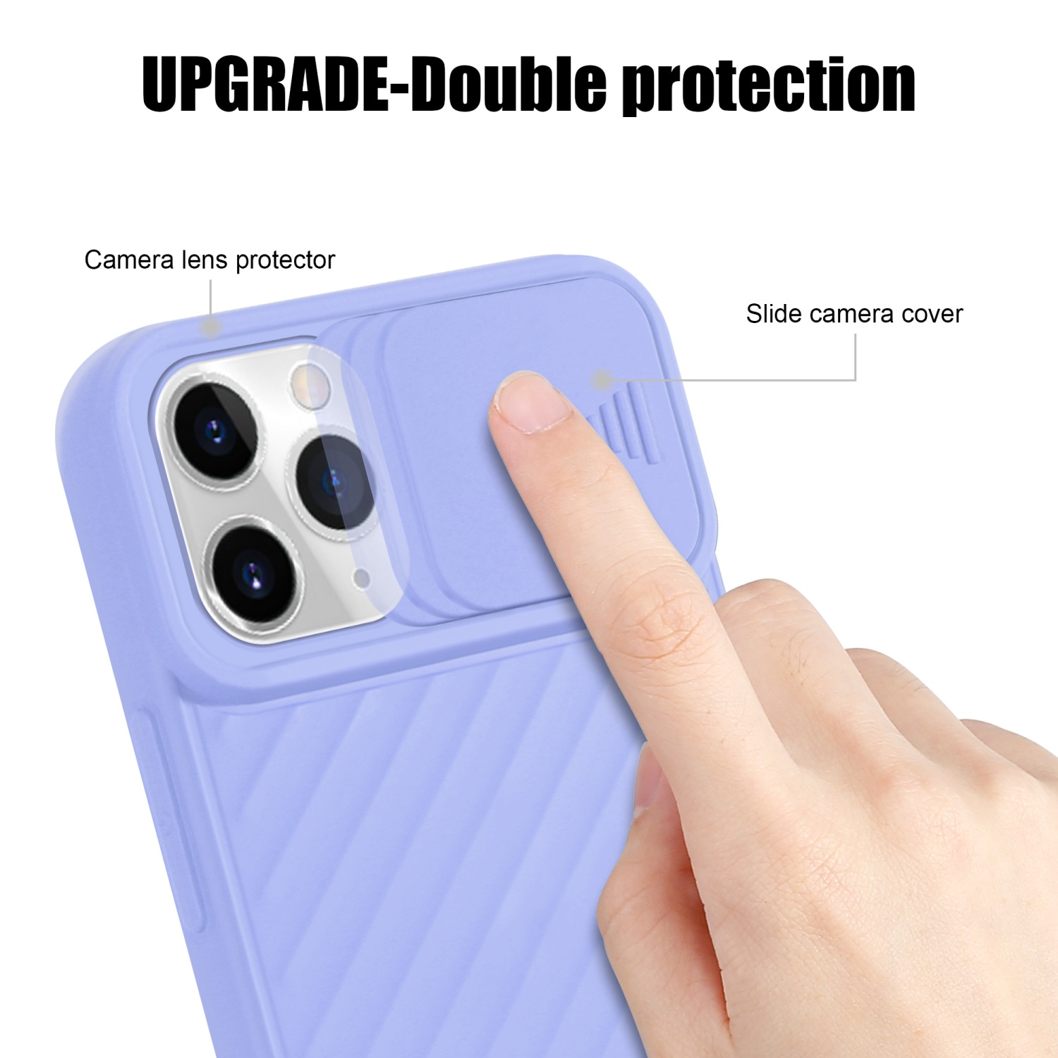 Eine Hand berührt eine Handyhülle mit Kameraabdeckung. Text: Upgrade-Doppelschutz.
