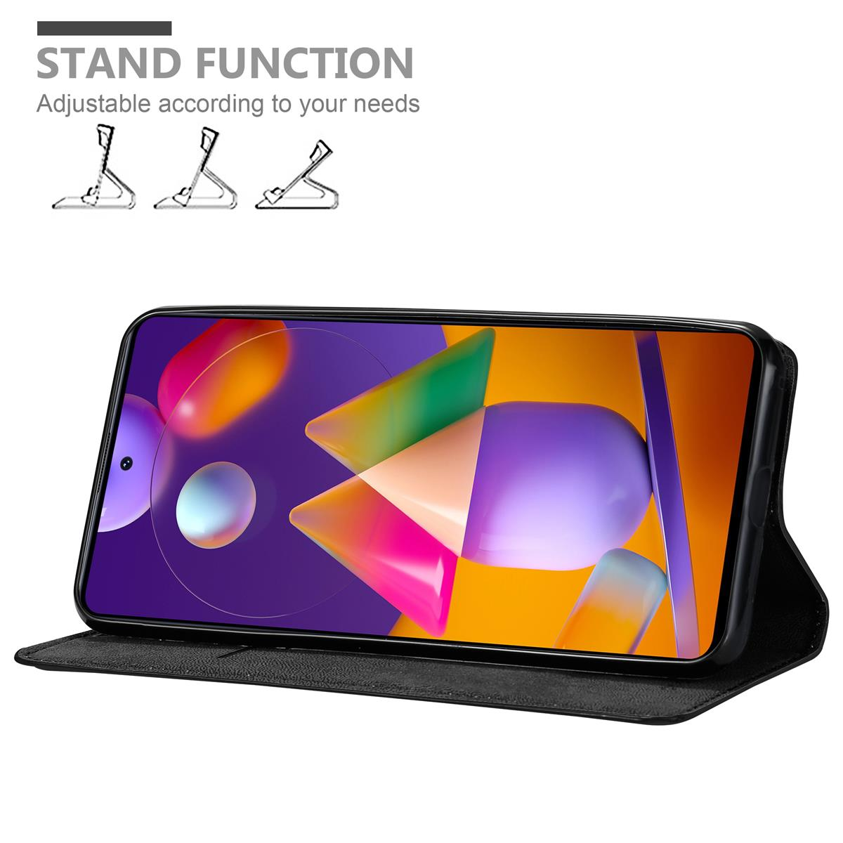 Ein Smartphone in einer schwarzen Hülle, offen in einer Ständerposition. Der Bildschirm zeigt bunte, abstrakte Formen.