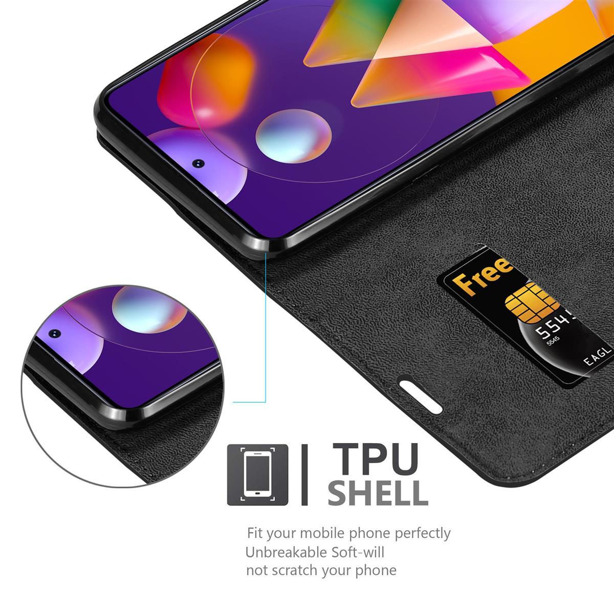 Handyhülle mit Telefon, zeigt Karte und TPU-Shell-Beschreibung.