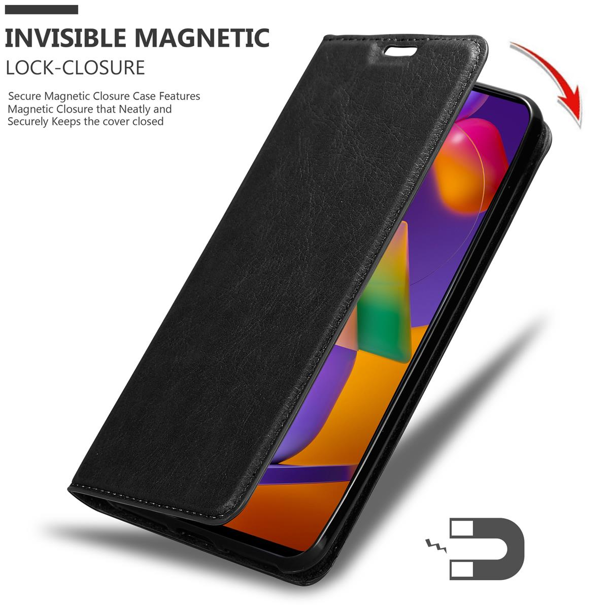 Schwarze Handyhülle offen, mit einem Telefon darin. Ein Magnet wird gezeigt.