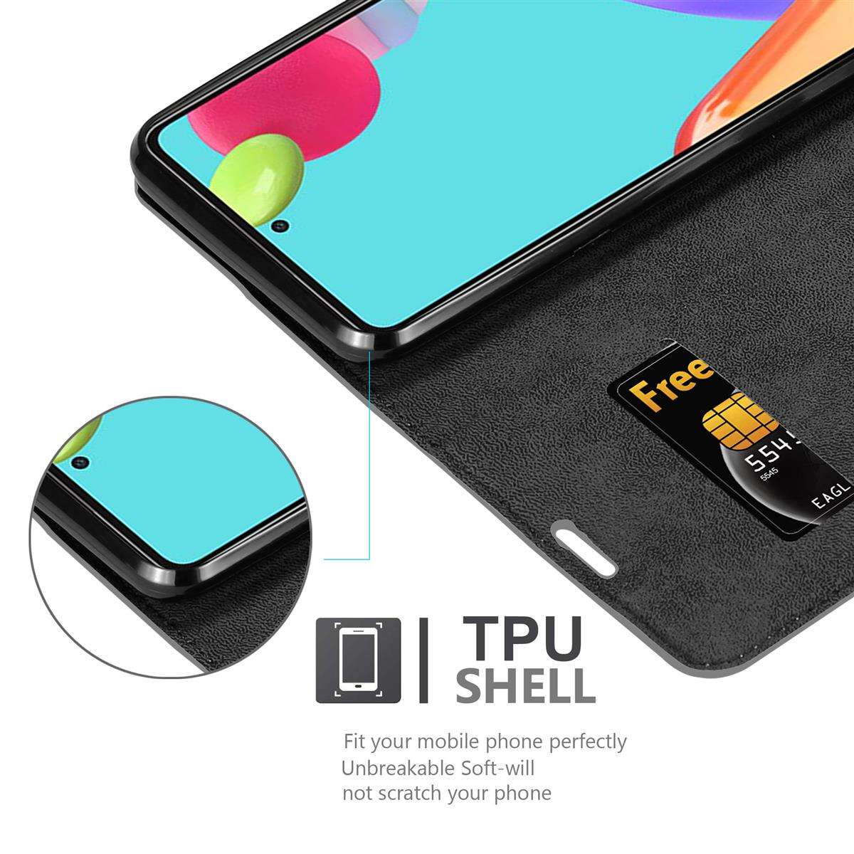 Nahaufnahme einer schwarzen Handyhülle mit Telefon. Ein weißer Kreis zeigt Telefondetails. Text: TPU SHELL, Passform, Unzerbrechlich.