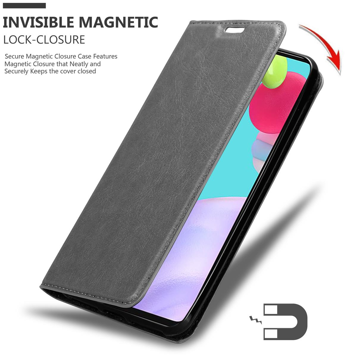 Eine geschlossene graue Handyhülle mit Magnetverschluss. Die Hülle ist geöffnet und zeigt das Telefon im Inneren.
