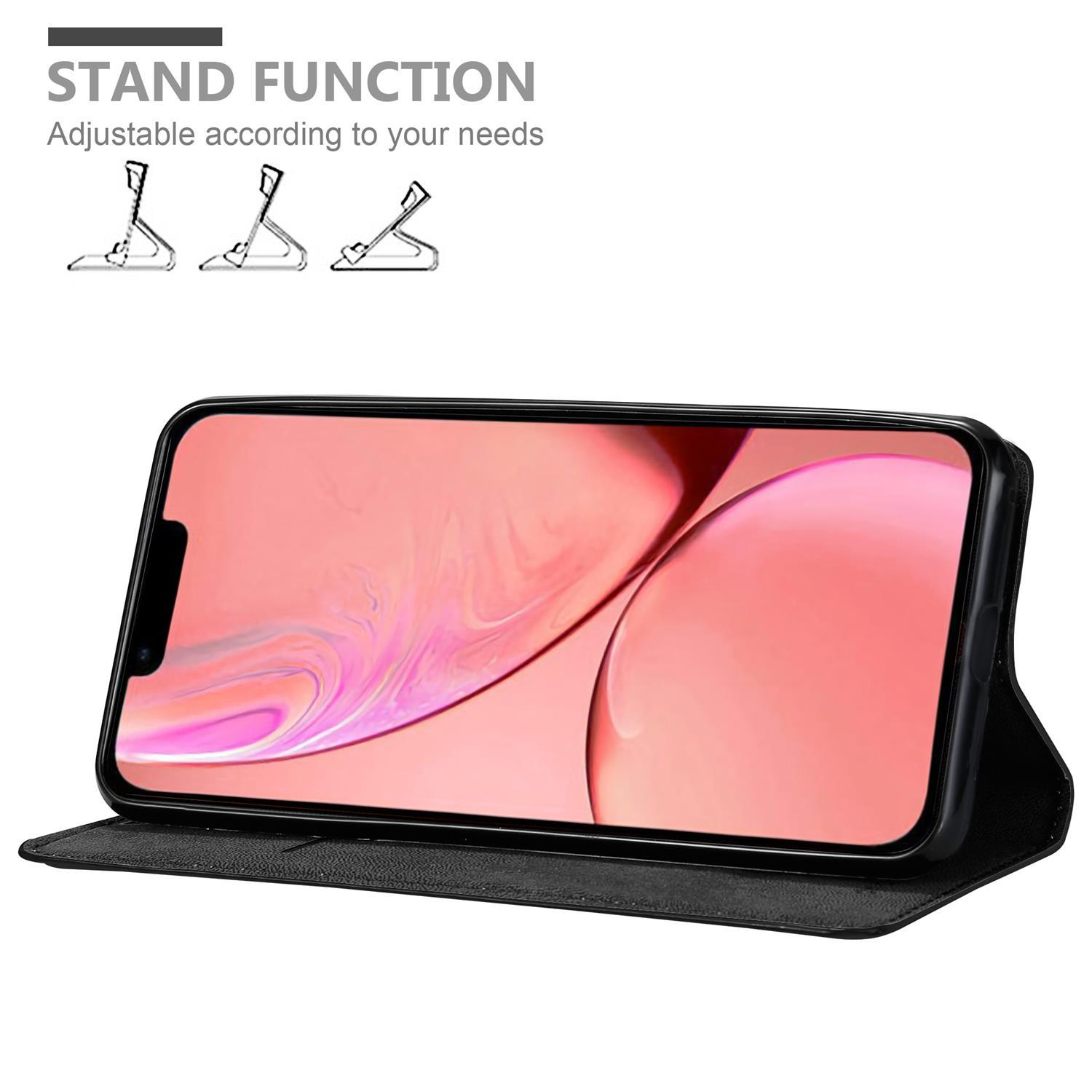 Telefon in einer Brieftaschenhülle, die als Ständer verwendet werden kann. Das Telefon zeigt ein Bild an.