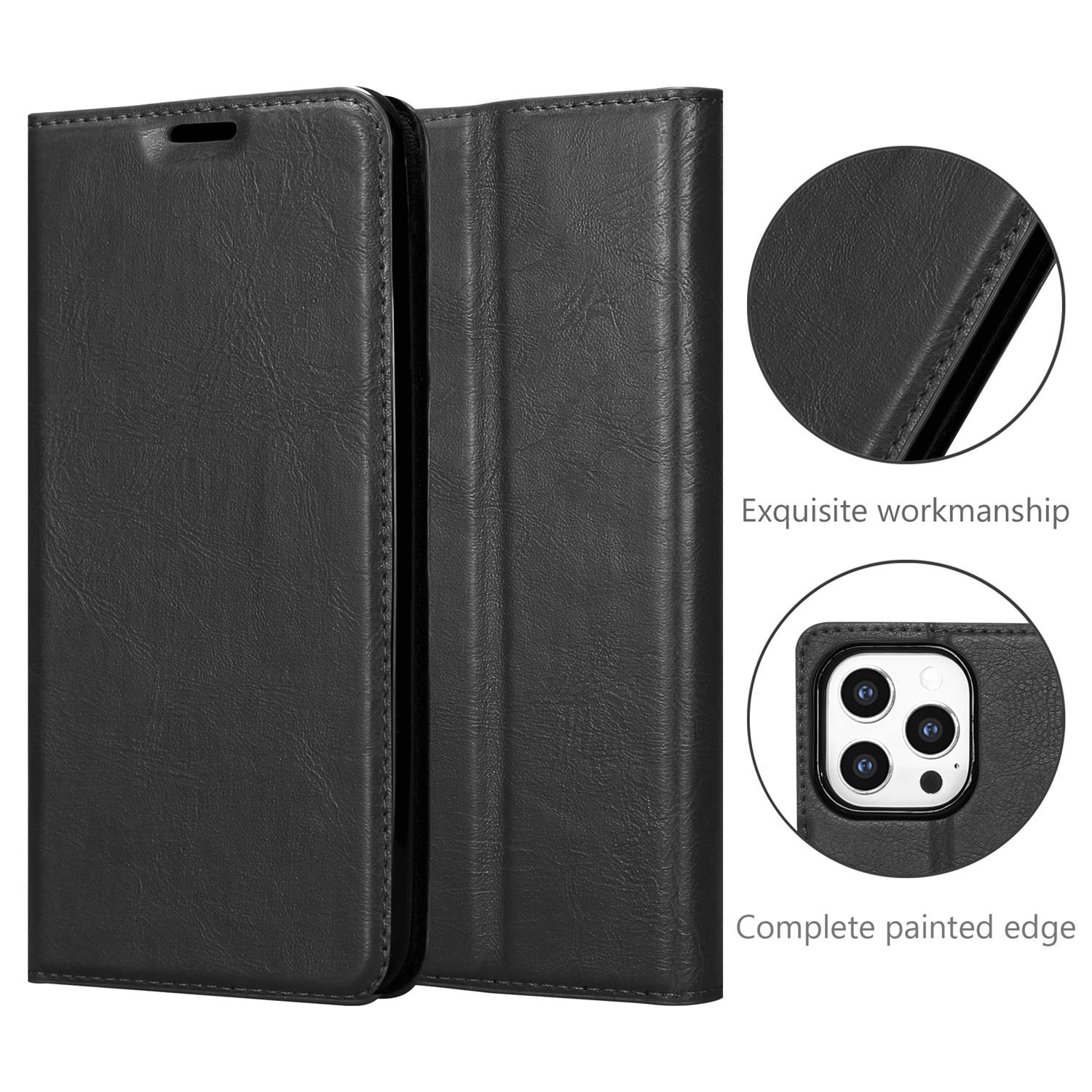 Schwarze Leder-Handyhülle offen, mit Telefon darin. Detail der Nähte und Handyhülle Details.