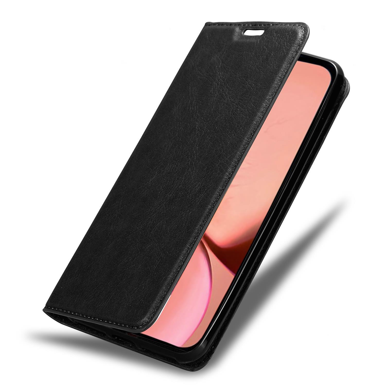 Schwarze Handyhülle, offen, zeigt einen Telefonbildschirm. Die Hülle besteht aus lederähnlichem Material.