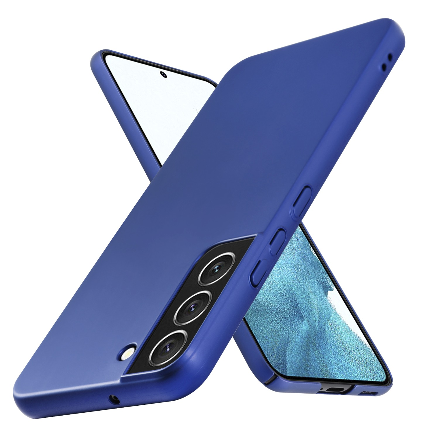 Zwei blaue Handyhüllen mit einem Telefon darin. Eine liegt seitlich.