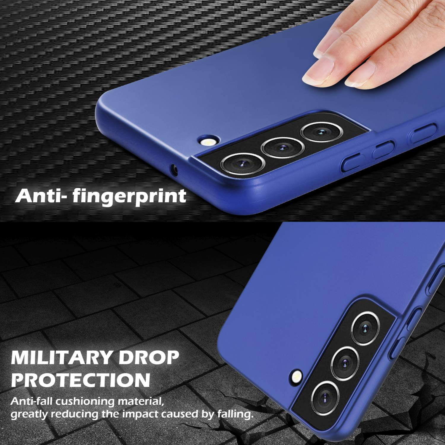 Blaue Handyhülle mit Telefon. Text zeigt Anti-Fingerprint und Militär-Schutz vor Stürzen.