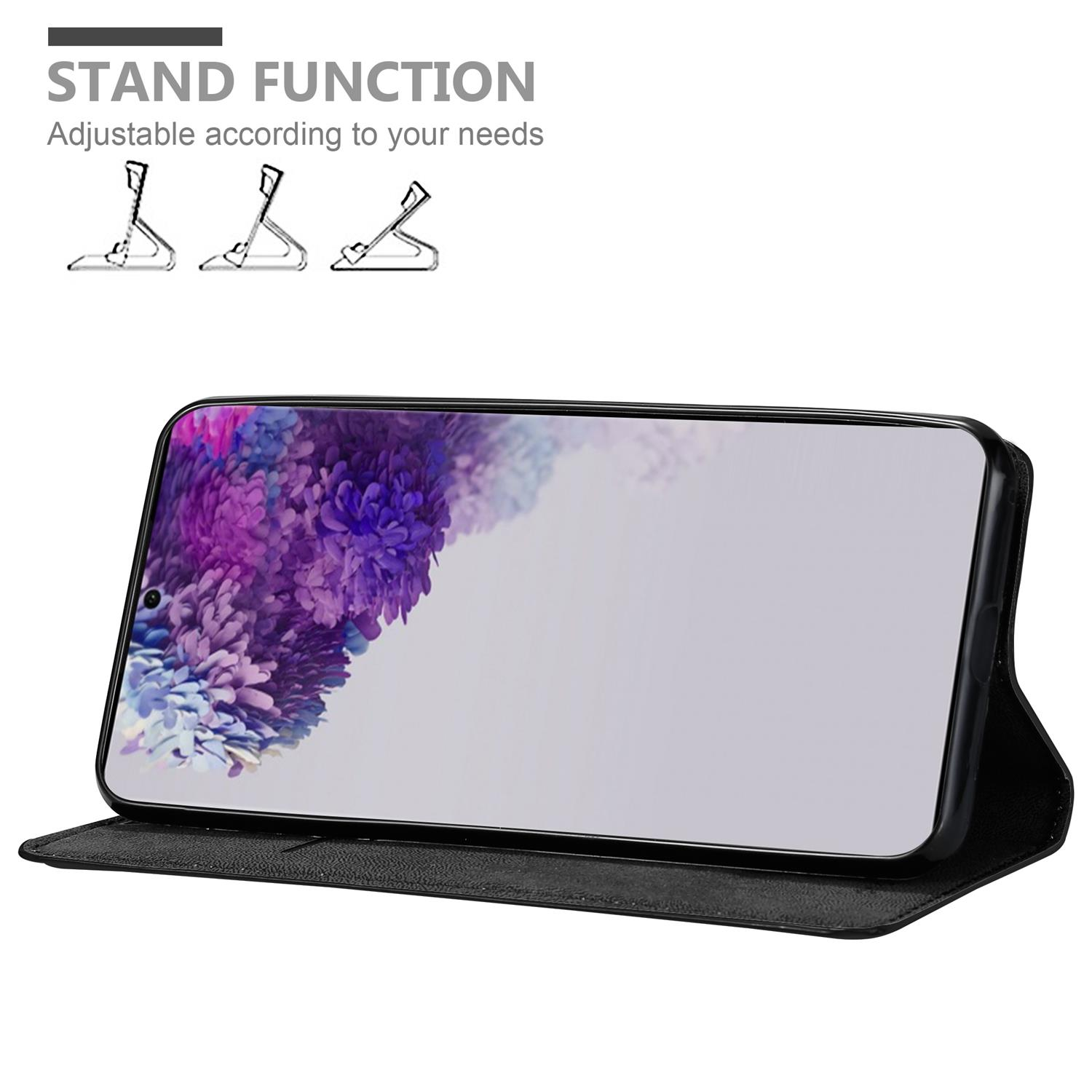 Telefon in schwarzem Gehäuse, Bildschirm zeigt lilafarbenes blütenartiges Bild. Weißer Hintergrund mit Standfunktionsillustrationen.