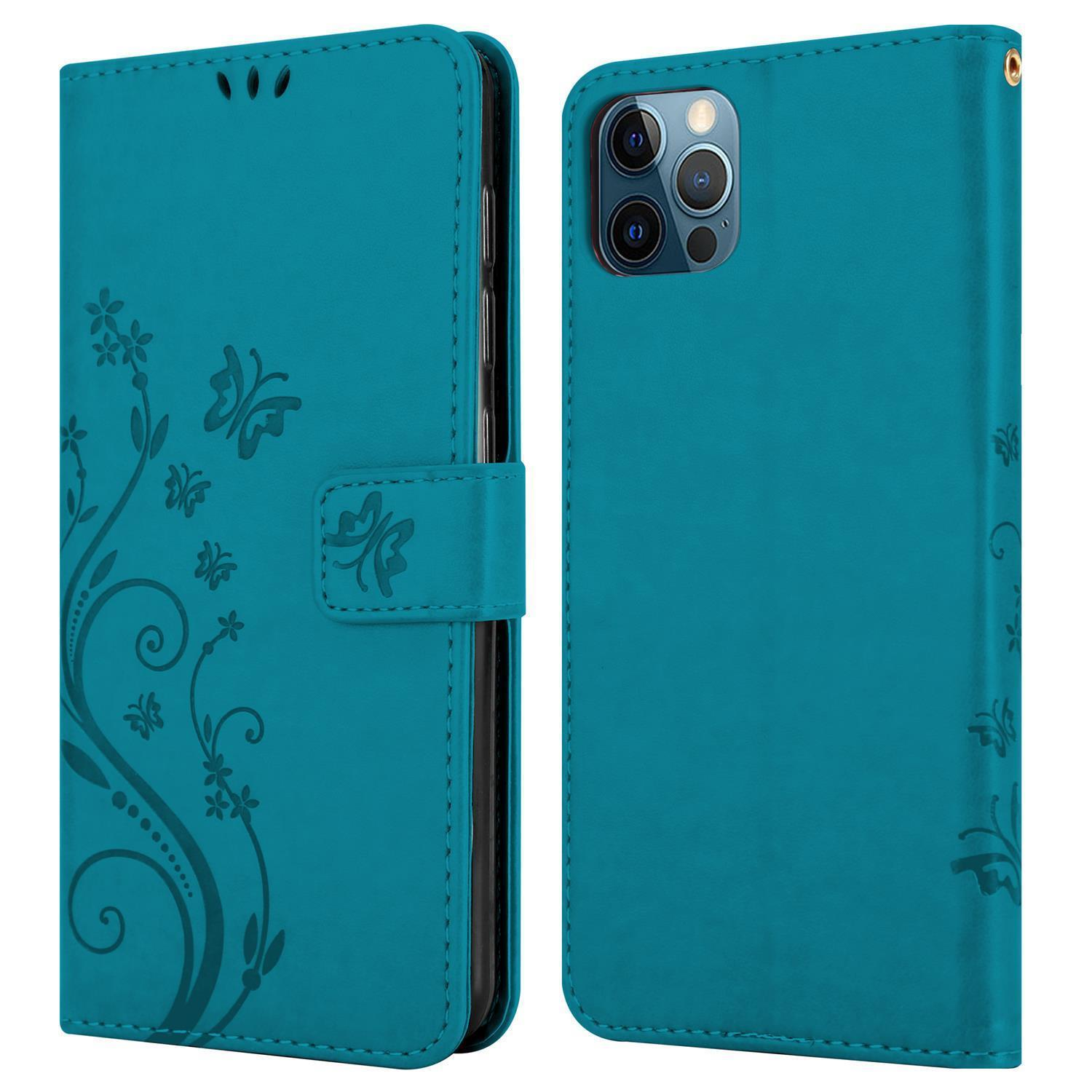 Türkisfarbene Handyhülle offen und geschlossen. Die Vorderseite hat florale Designs. Die Rückseite hat Kamera und Knöpfe.
