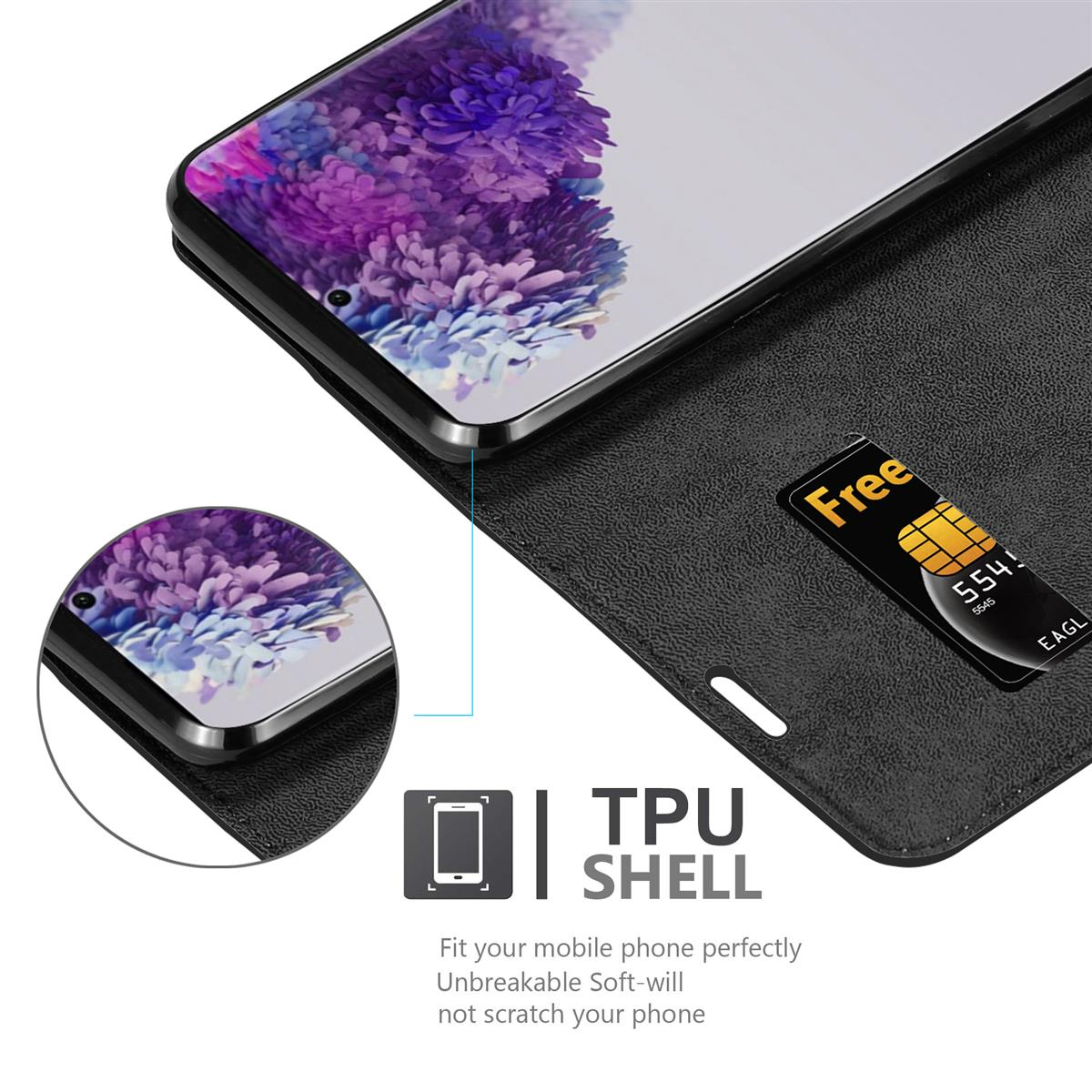 Eine schwarze Handyhülle mit Handy und kostenloser SIM-Karte.