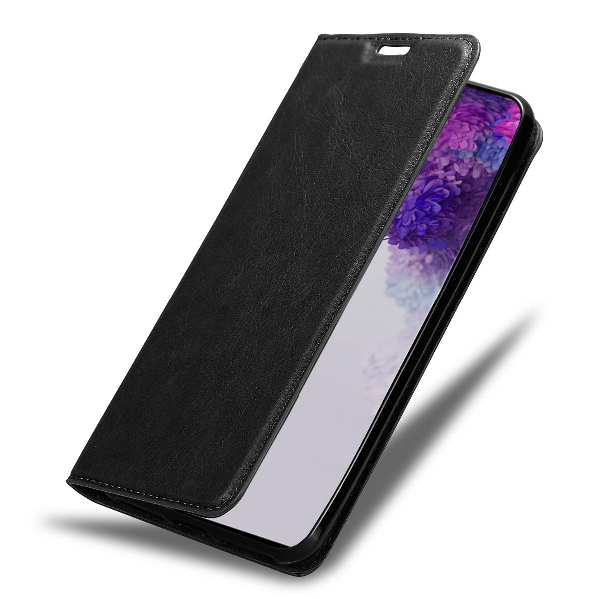 Schwarze Leder-Handyhülle, geöffnet, um ein Telefon mit lila und blauen Farben auf dem Bildschirm zu zeigen.