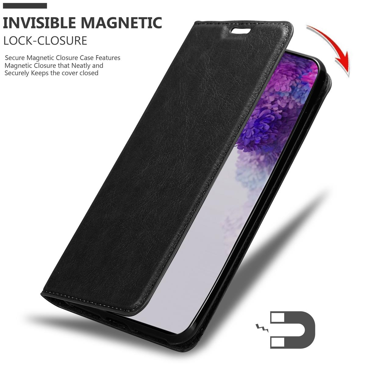 Schwarze Handyhülle, Telefonbildschirm sichtbar und ein Magnetsymbol.