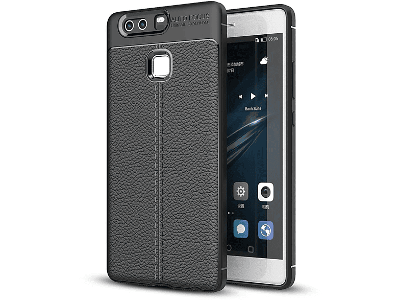 Huawei, Backcover, Silikon CADORABO edler Schwarz Tief P9, mit TPU Kunstleder-Applikation, Hülle