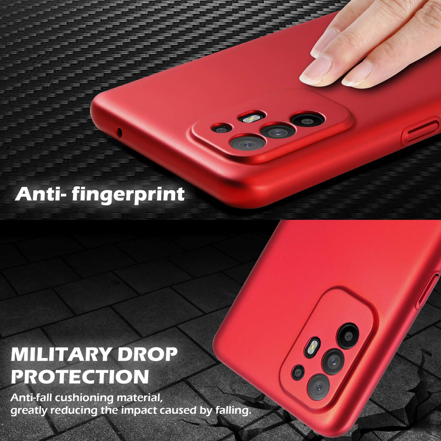 Rote Telefonhülle mit Text: Anti-Fingerabdruck, Militärischer Fallschutz und grauer Boden.