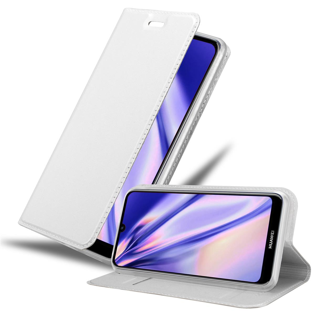 Weißes Handycase geöffnet, wodurch ein Telefon sichtbar wird. Das Telefon wird auch geöffnet in zweiter Ansicht gezeigt.