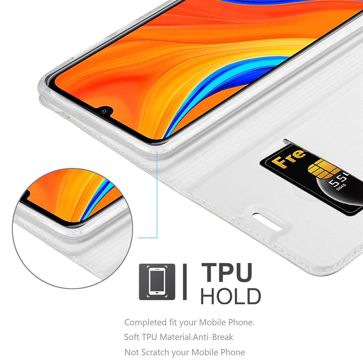Weißes Handycase mit Bildschirm. SIM-Karte. TPU HOLD ist darunter beschriftet.