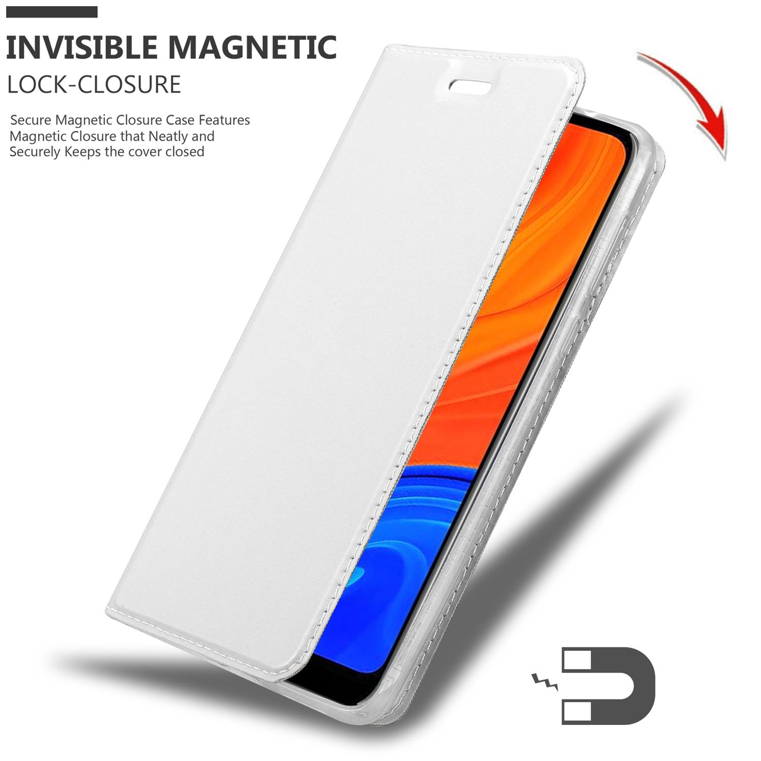 Eine weiße Handyhülle mit einem Telefon darin. Die Hülle hat einen magnetischen Verschluss. Text: Unsichtbarer Magnetverschluss.