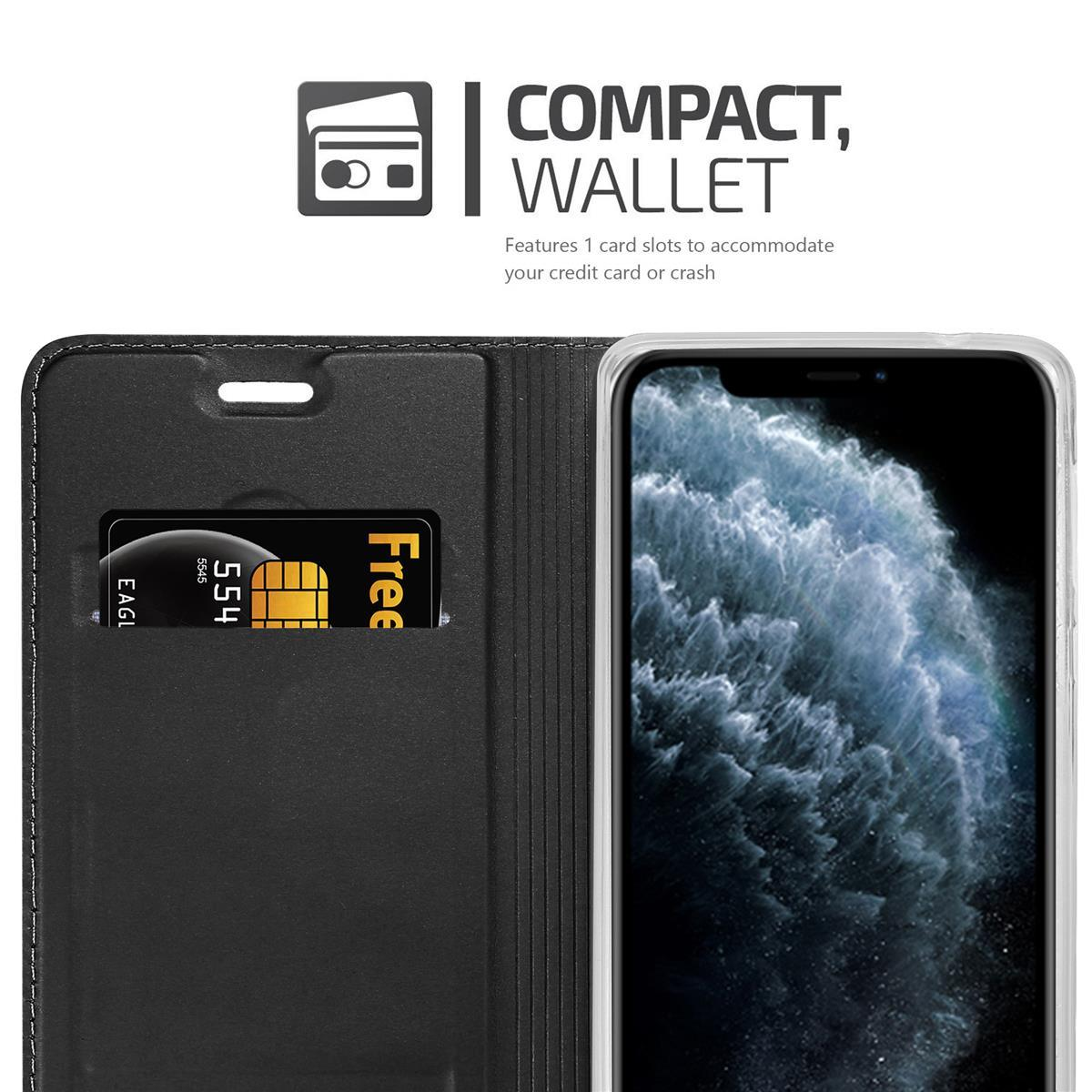 Schwarzes Brieftaschen-Etui mit Telefon. Kreditkarte sichtbar. Text: Kompakte Geldbörse. Verfügt über 1 Kartenfach.