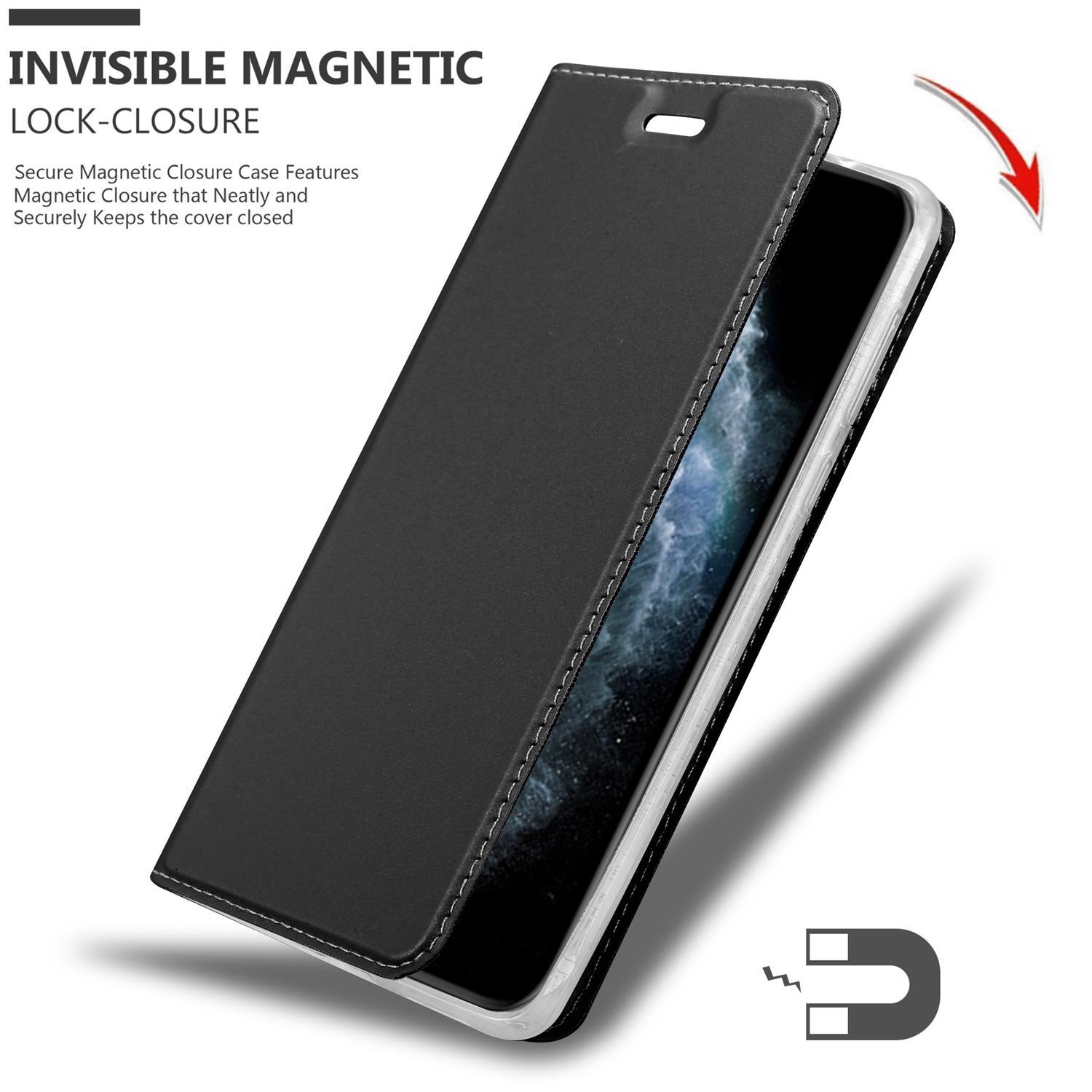 Schwarz Handyhülle teilweise geöffnet, zeigt das Telefon im Inneren und die Magnetverschluss-Funktion.
