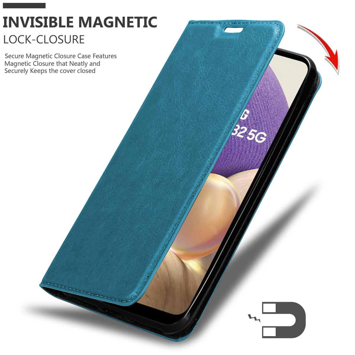 Una custodia per telefono verde acqua aperta, che rivela il telefono. Chiusura magnetica.