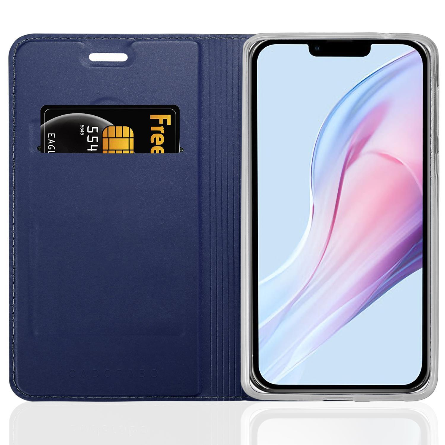 Marineblaue Handyhülle, offen, mit Kartenfach und einem Telefon darin.