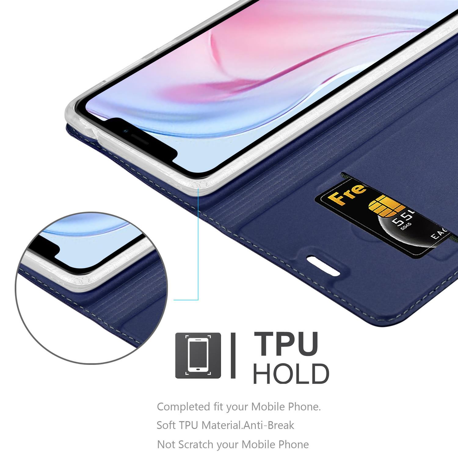 Eine blaue Handyhülle mit einem Telefon darin, einer Karte und den Texten 'TPU HOLD'.