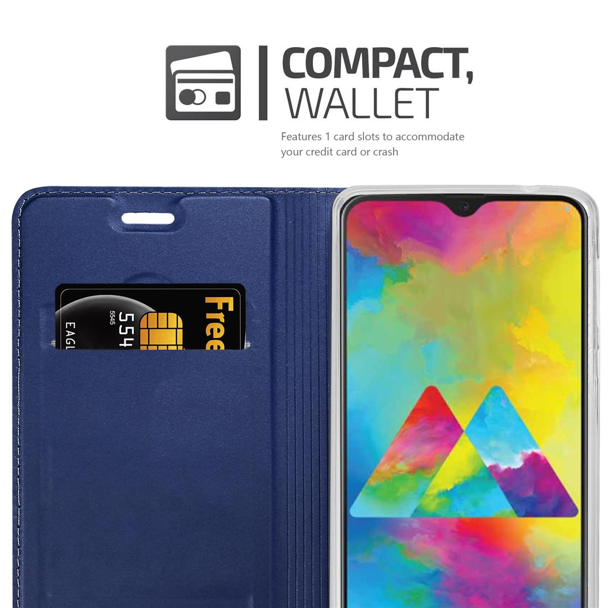 Una custodia per telefono blu navy con uno slot per carte, che contiene una carta di credito, accanto a un telefono con uno schermo colorato.