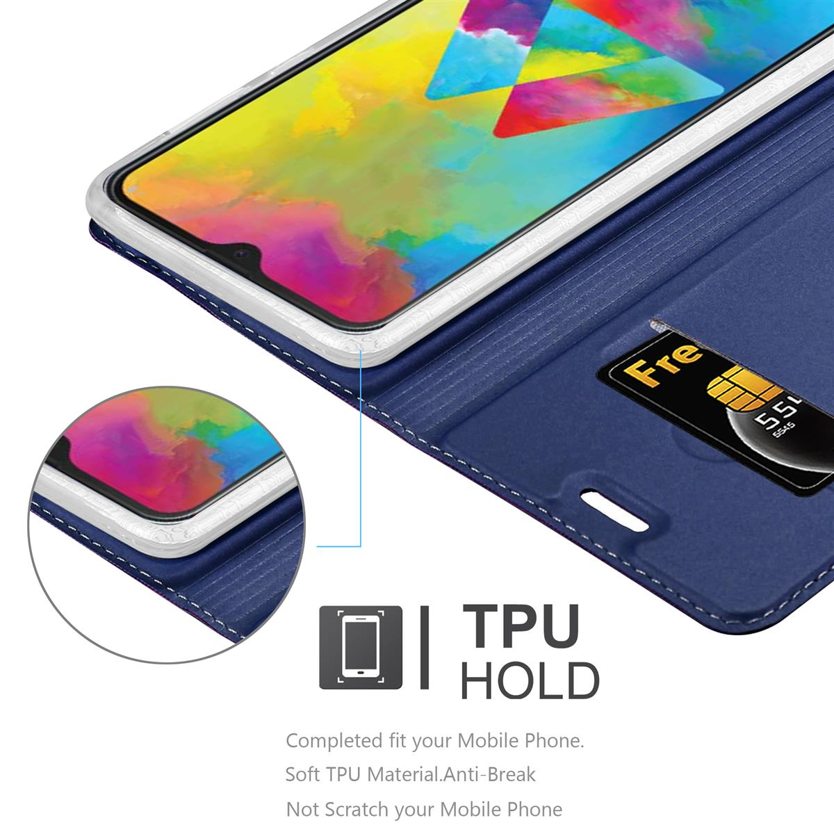Custodia per telefono blu con un telefono all'interno. È visibile una scheda SIM, con dettagli sul materiale della custodia.