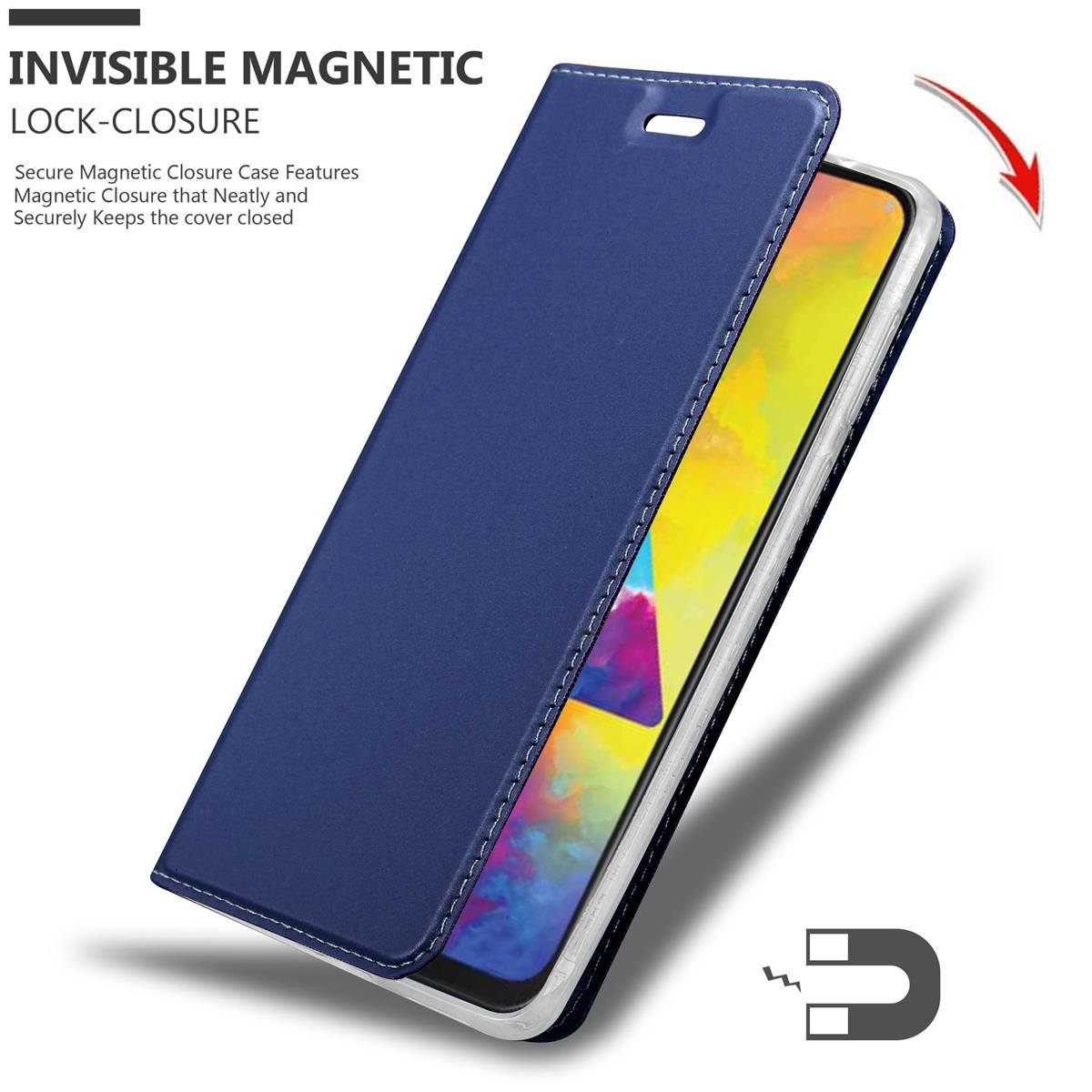 Custodia blu per telefono con chiusura magnetica, che mostra un telefono con display colorato.
