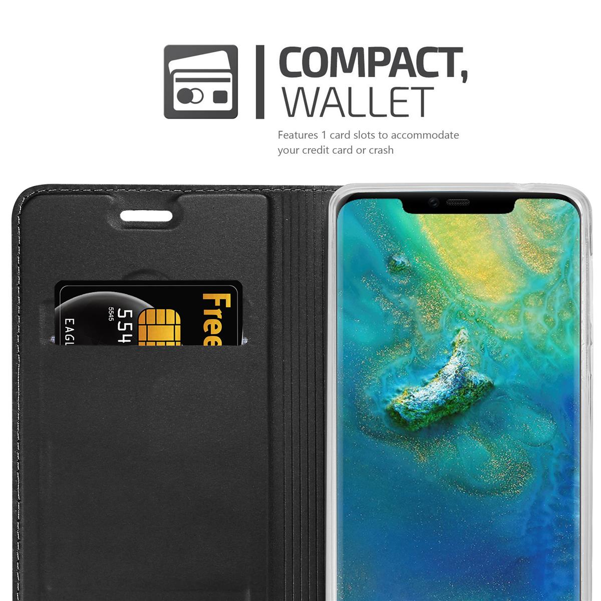 Ein Telefon in einer schwarzen Geldbörse. Eine Kreditkarte befindet sich in einem Schlitz, der Bildschirm ist sichtbar.