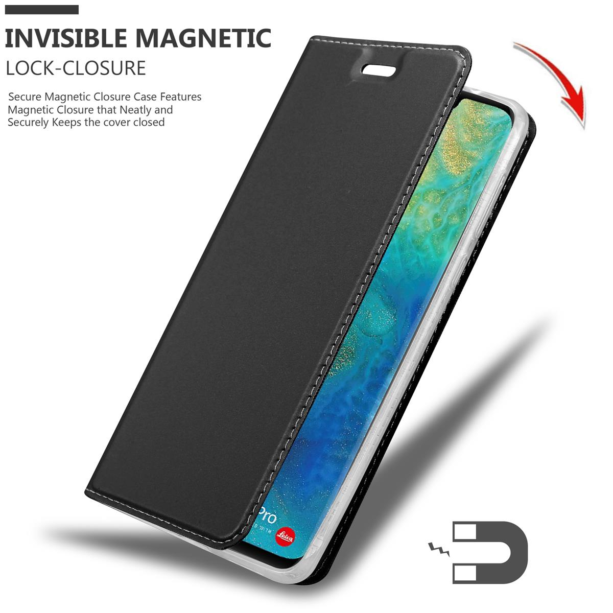 Schwarze Handyhülle geöffnet, Telefon sichtbar. Pfeil zeigt Magnetverschluss. Text: Invisible Magnetic Lock-Closure.