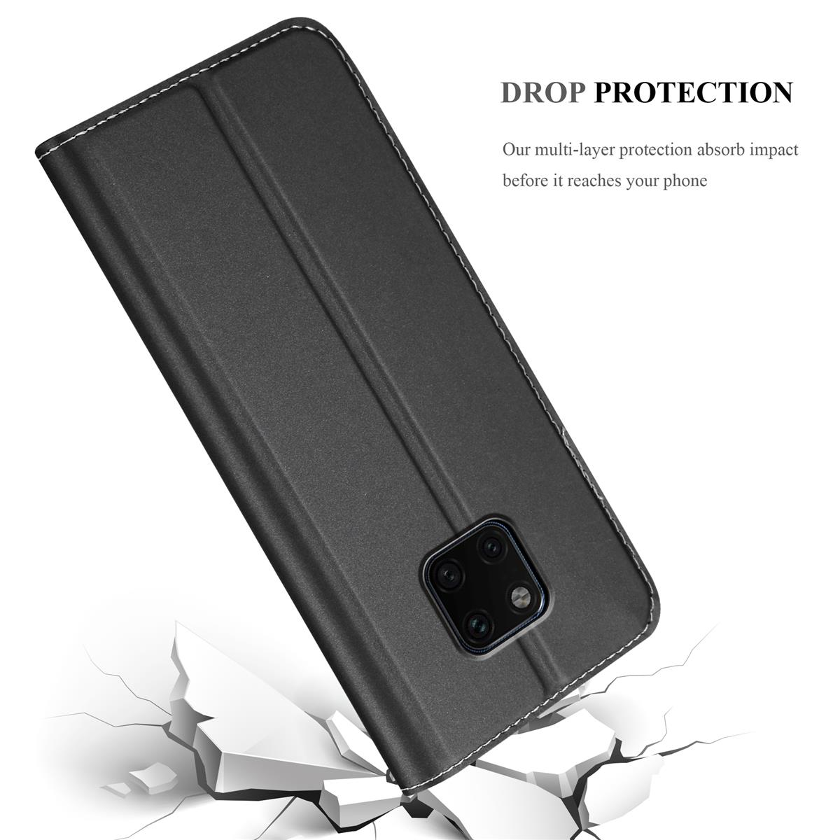 Eine schwarze Handyhülle mit Sturzschutz, die auf einer zerbrochenen Oberfläche liegt und das Telefon zeigt.