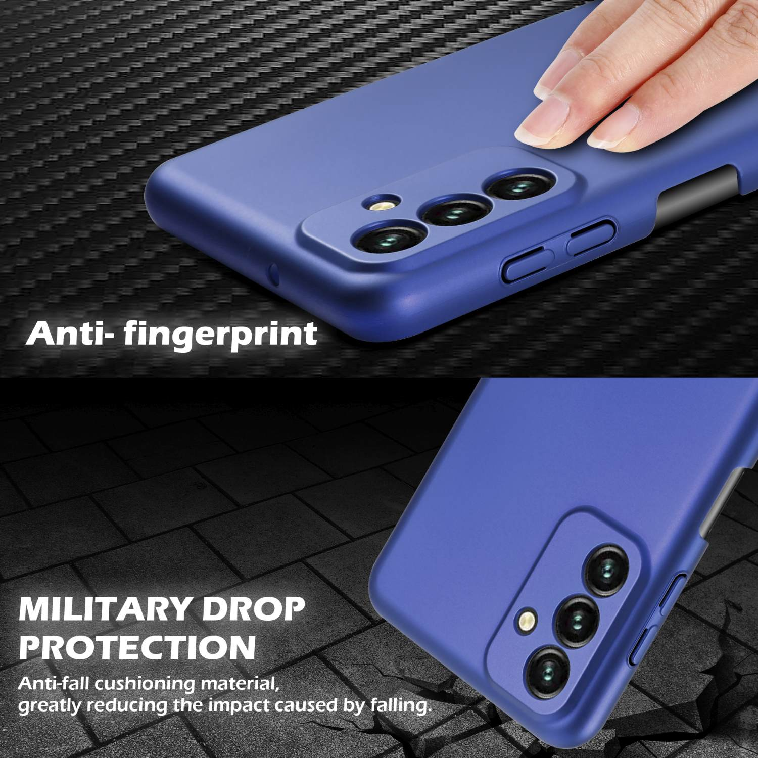 Blaue Handyhülle mit einem Telefon im Inneren, mit den Wörtern "Anti-Fingerprint" und "Military Drop Protection".