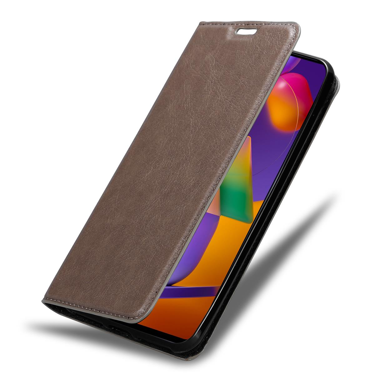 Braune Handyhülle, offen. Der Telefonbildschirm zeigt ein buntes, abstraktes Design.