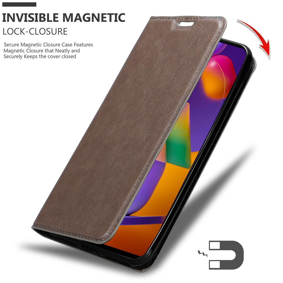 Eine braune Handyhülle mit Magnetverschluss. Die Abdeckung ist geöffnet und zeigt ein Telefon.