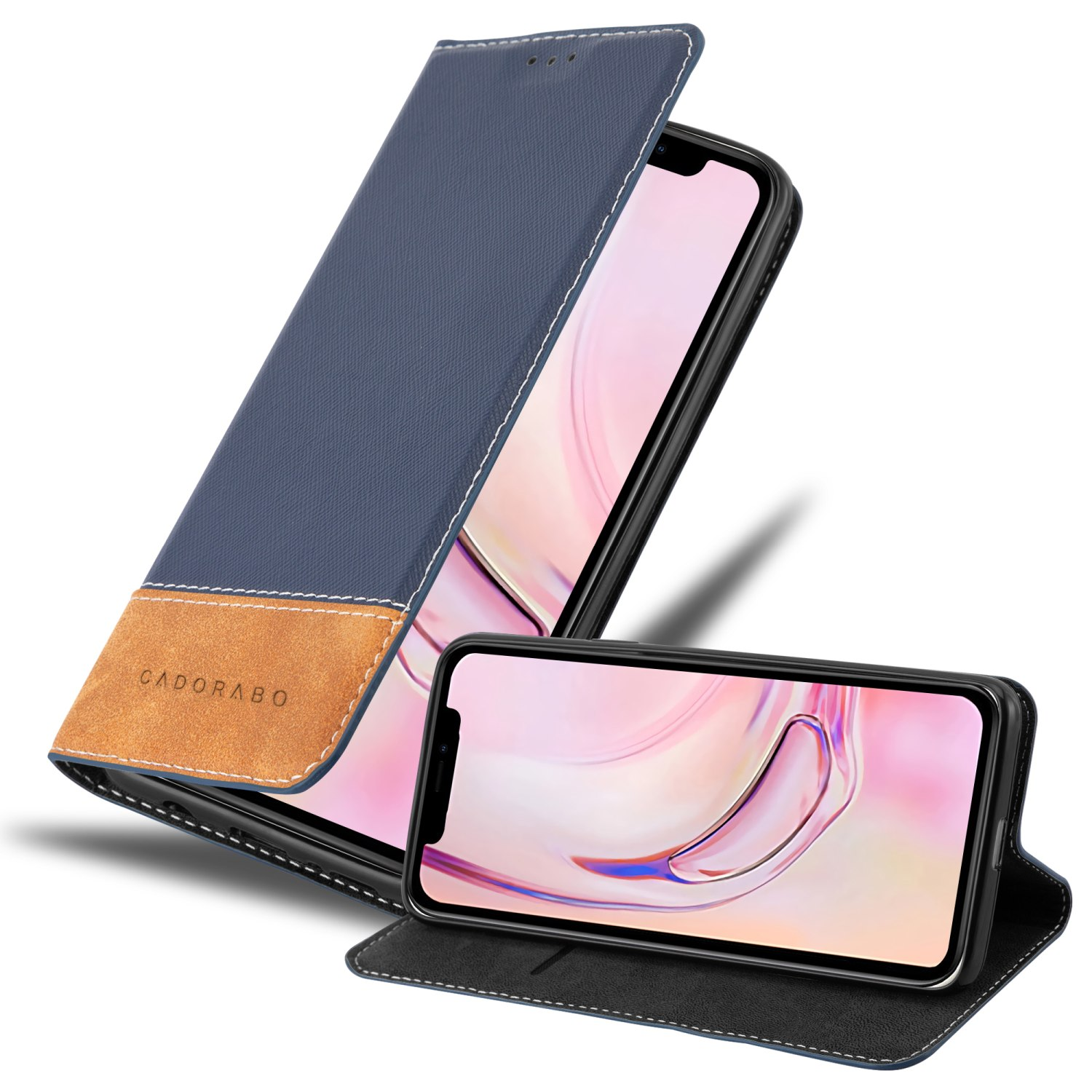 Eine blaue Handyhülle mit Telefon. Die Hülle ist offen und hat einen braunen Akzent.